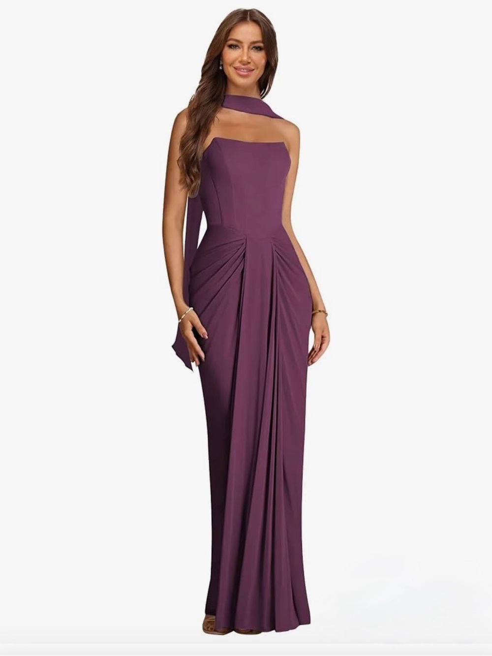 Strapless Chiffon Plum Maxi Dress with Draped Front and Neck Sash